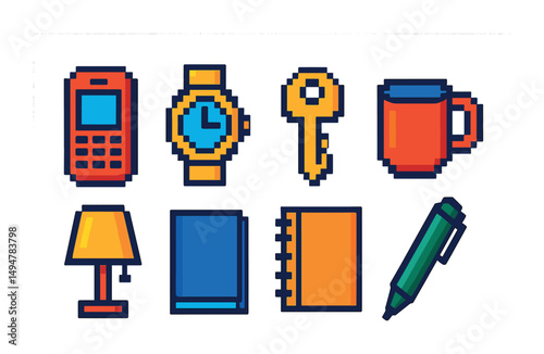 Everyday objects pixel art icons set – retro, digital, daily use graphics