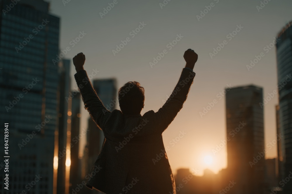 Fototapeta premium Individual celebrates success against the backdrop of a sunset over a city skyline filled with skyscrapers