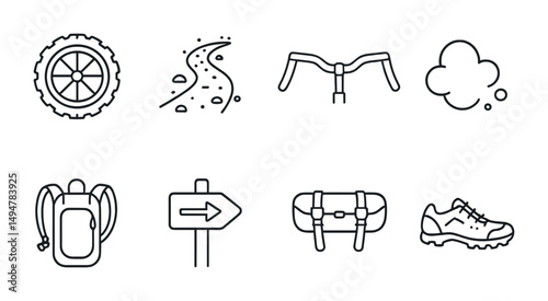 Outdoor adventure outline icons set – linear, hiking, camping gear symbols