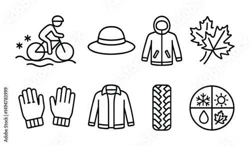 Seasonal outdoor gear icons for bike riding and weather preparedness design