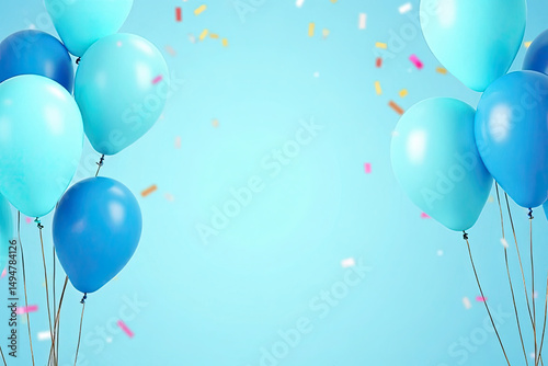 A dynamic, cinematic banner scene for a festive indoor celebration. The banner is draped between two pillars, surrounded by clusters of air-filled balloons in vibrant shades — ruby red, royal blue, em