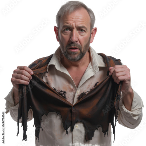 Close-up view of surprised man holding tattered cloth in dramatic studio setting