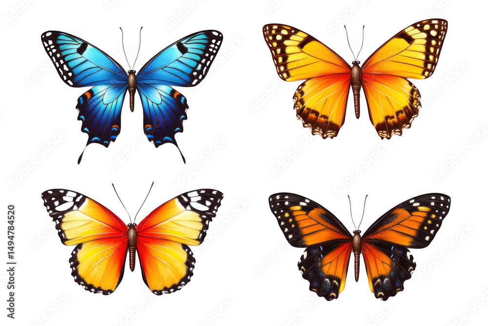 Four Different Butterflies with Colorful Wings and Black Background Four Different Butterflies with Colorful Wings and Black Background
