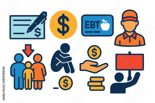 Financial and social services icons set – flat, outlined, community and assistance symbols