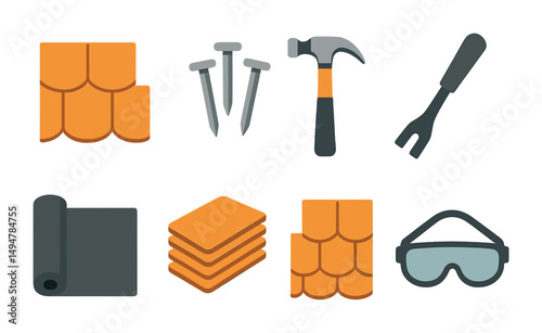 Roofing tools icons set – flat, filled, repair and construction symbols