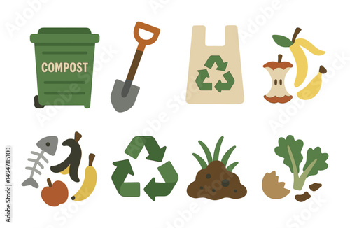 Eco recycling flat icons set – compost, sustainability, waste management symbols