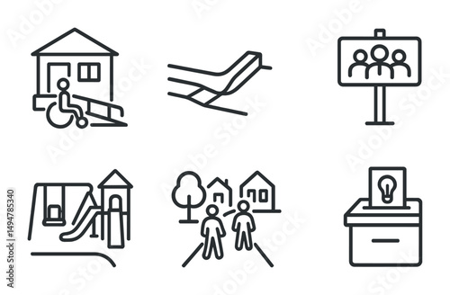 Community facilities outline icons set – linear, silhouette, public service symbols