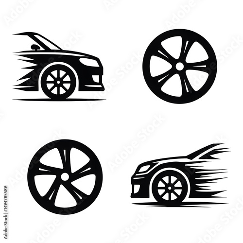 Set of Fast Racing Wheel Icon Motorsport Vehicle Driving Motor Race Tire Sport Car Motorbike Motion Competition Transport Vector Illustration