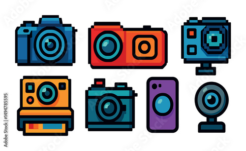 Photography and camera pixel art icons set – vintage, retro, analog symbols
