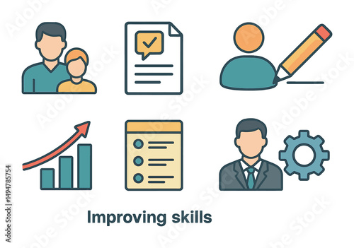 Business and professional skills icons set – flat, filled, learning and development symbols