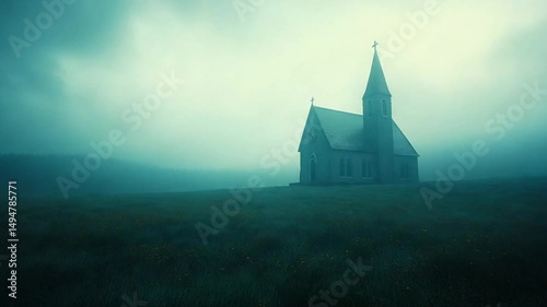 Lonely church in a misty dark landscape at night