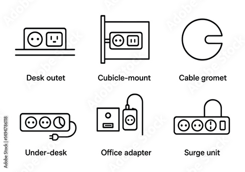 Electrical components line icons set – outline, silhouette, power and adapter symbols
