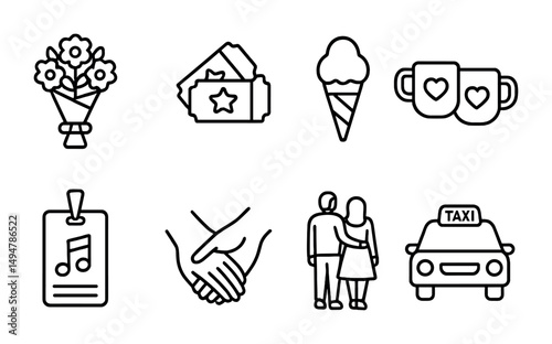 Romantic and date night icons set – outline, linear, love and couple symbols