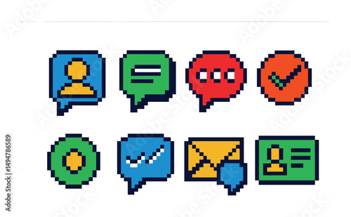 Communication and messaging pixel art icons set – social, chat, speech symbols