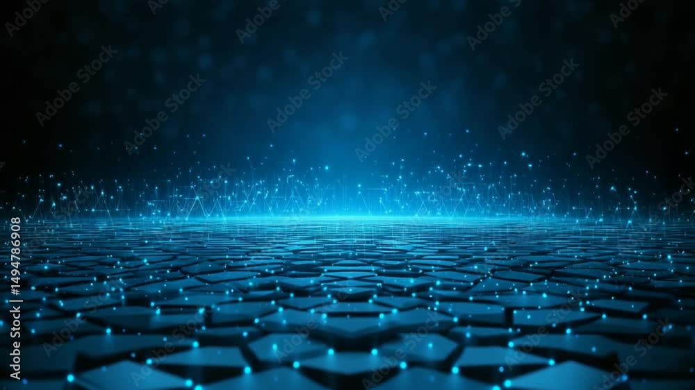 Futuristic hexagonal grid floor with glowing blue particles