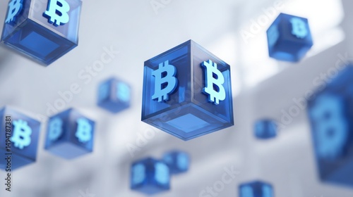 Blue cubes featuring bitcoin representing decentralized subsidy issuance model in blockchain technology context