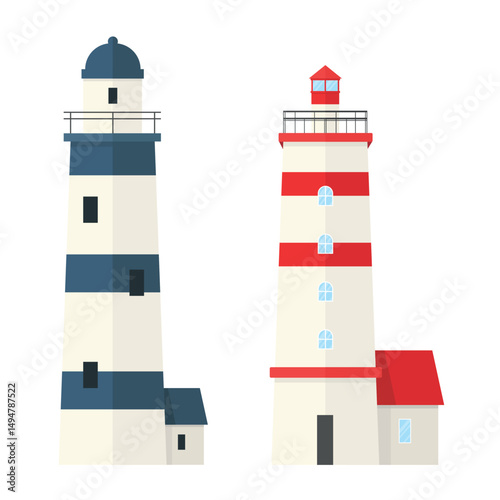Icons of two lighthouses with houses. Coastal lighthouses, navigation. Marine architecture.
