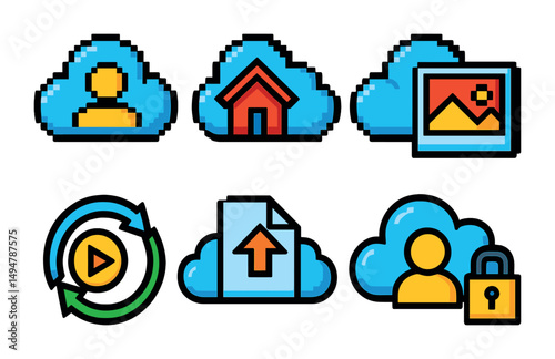 Cloud computing pixel art icons set – bright, digital, network and data symbols