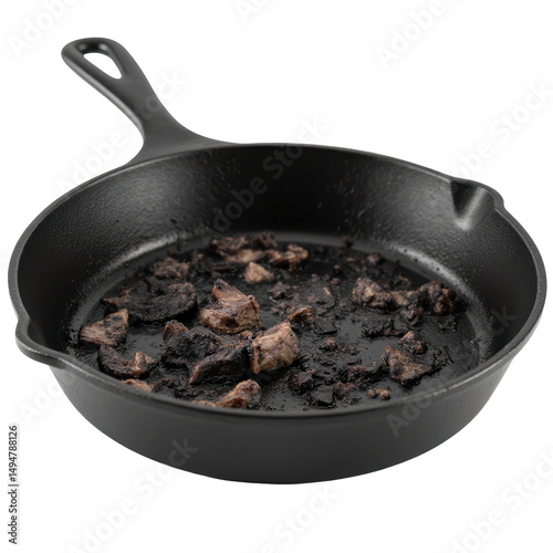 Blackened skillet remnants a charred cooking misadventure in food photography