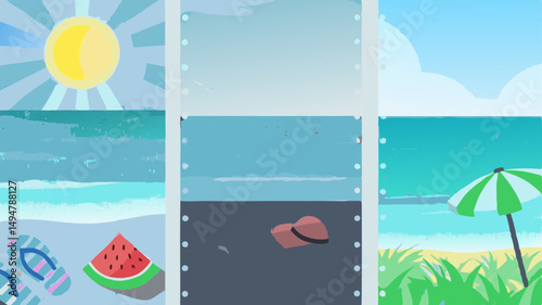 Three panels depicting summer scenes with beach items and sun and beach umbrella image scenes