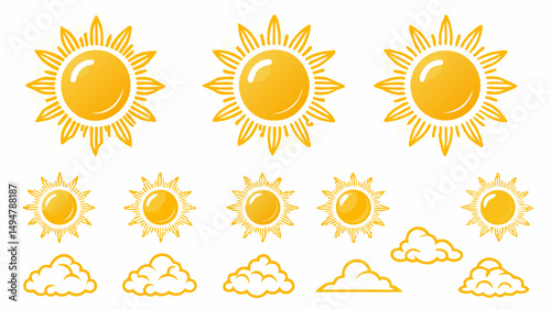 Illustration showing multiple suns of varying sizes and cloud shapes on a white background design element