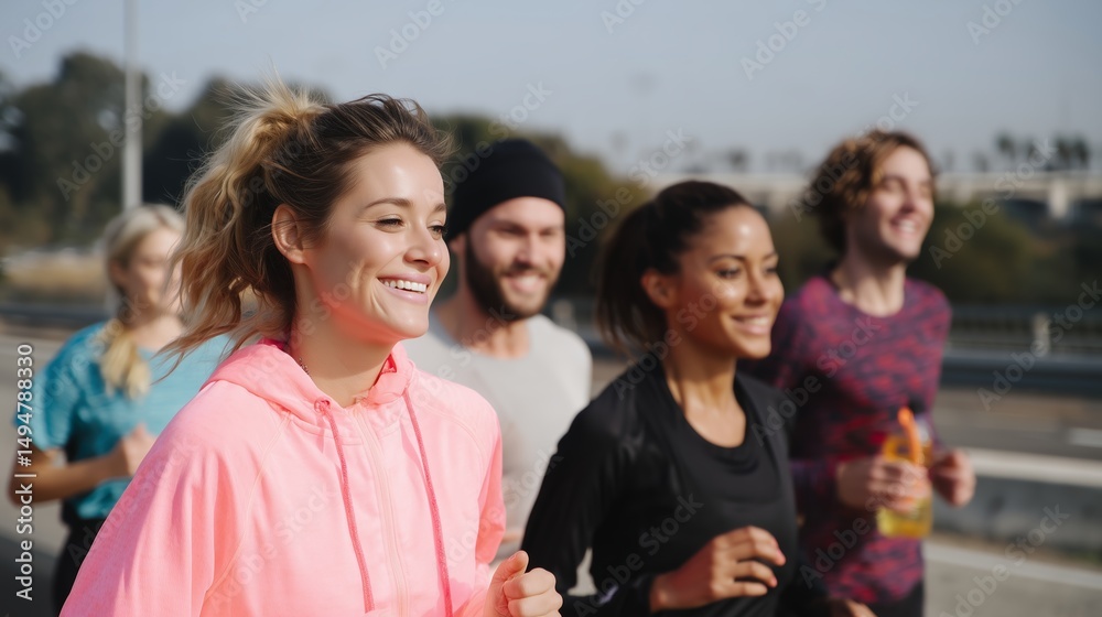 Obraz premium Group of friends jogging together on a sunny day along a city street