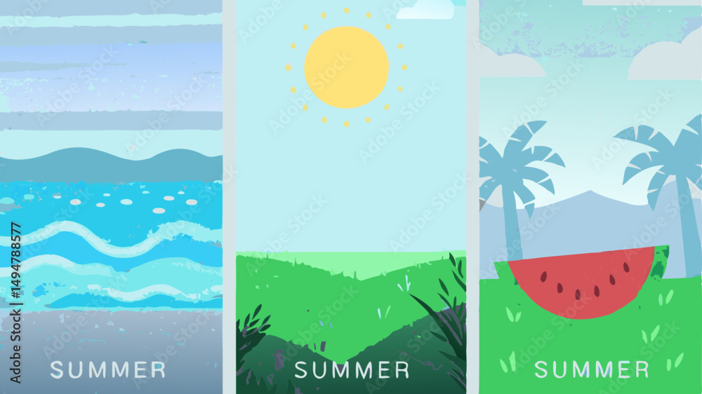 Fototapeta premium Three summer scenes depicting ocean waves, a sunny landscape, and a watermelon under palm trees, all in a flat style