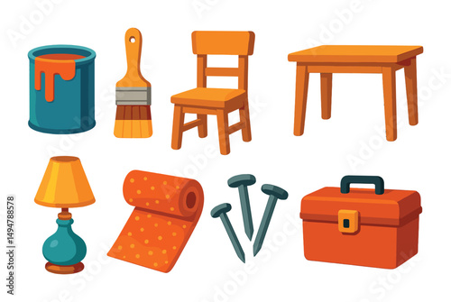 Home improvement icons set – flat, diy tools and furniture symbols