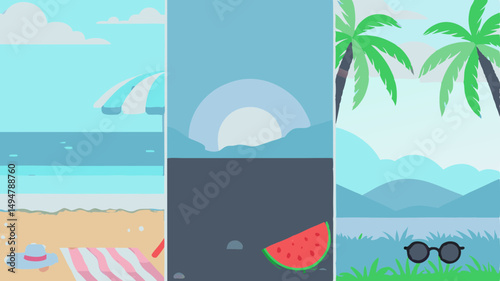 Three scenes of summer vacation featuring beach, sunset over water, and palm trees, idyllic view of nature