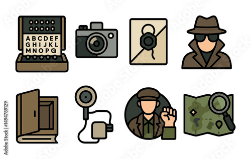 Spy and detective icons set - flat, mystery, investigation symbols for projects