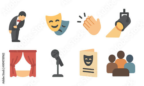 Theater and performance icons set – flat, filled, drama and stage symbols