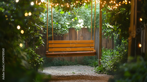 Wooden Swing Surrounded by Greenery with String Lights in Backyard