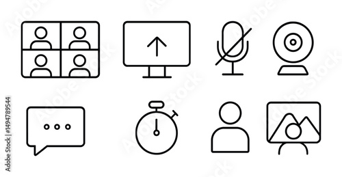 Video conferencing outline icons set – communication, digital, remote meeting tools