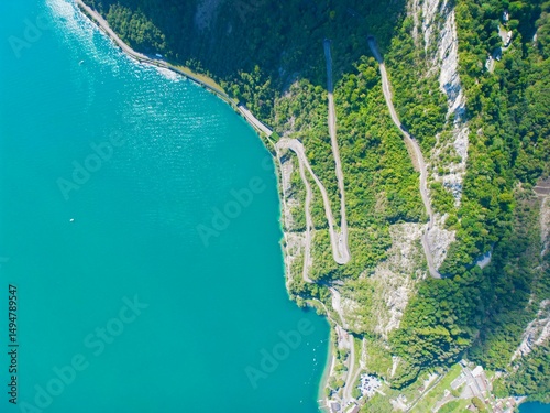 Road and lake drone view frome above  photo