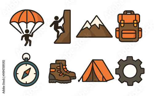 Adventure and outdoor silhouette icons set – flat, filled, camping and hiking symbols