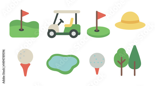 Golf flat icons set – filled, sports gear and leisure activity symbols