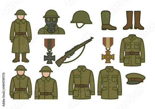 Military and war flat icons set – army, soldier, combat equipment symbols