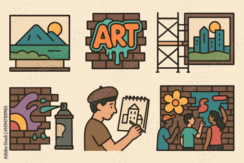 Street art linear icons set – outline, cultural, urban graffiti designs