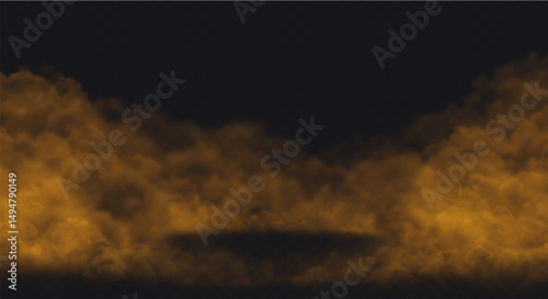 Orange Smoke effect on transparent dark background. Fog gray cloud above the floor surface with an empty spot