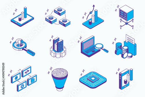Big data analysis concept 3d isometric icons set for web isometry design. Collection elements of statistics charts, computing hardware system, research, diagram, storage, more. Vector illustration.