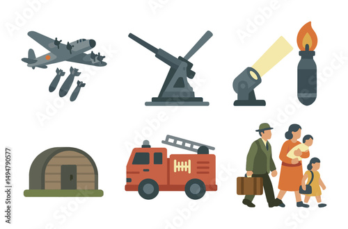 World war ii flat icons set – filled, military, historical symbols