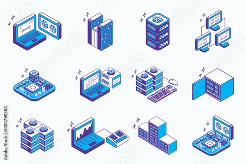 Data center concept 3d isometric icons set for web isometry design. Collection elements of laptop processing, hardware infrastructure, rack system, connection, computing, more. Vector illustration.