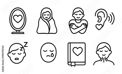 Self-care and wellbeing outline icons set – linear, health, mindfulness symbols