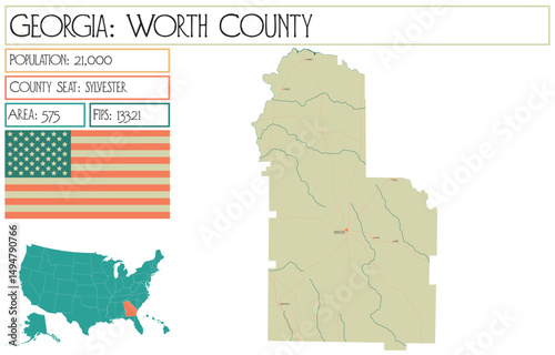 Large and detailed map of Worth County in Georgia USA.