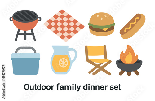 Outdoor family dinner icons set – flat, filled, cooking and picnic symbols