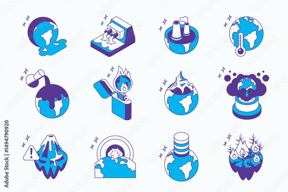 Fototapeta premium Global warming and pollution concept 3d isometric icons set for web isometry design. Collection elements of planet heat, toxic pollution, climate change, ecology disaster, more. Vector illustration.
