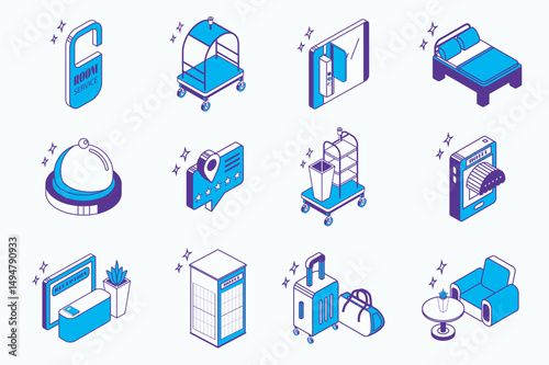 Hotel infrastructure concept 3d isometric icons set for web isometry design. Collection elements of room service, door key, bed, restaurant, rating, cleaning, online booking, more. Vector illustration