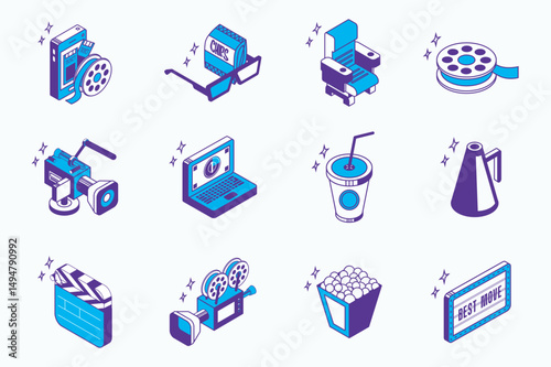 Movie production concept 3d isometric icons set for web isometry design. Collection elements of tickets, filmstrip, glasses, snacks, cinema seat, camera, video at laptop, more. Vector illustration.