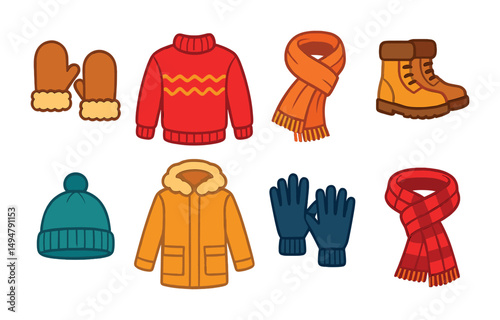 Winter clothing icons set – flat, outline, warm and cozy apparel symbols