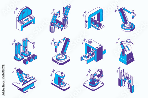 Robotization industry concept 3d isometric icons set for web isometry design. Collection elements of robots, robotic arms packaging, conveyor manufacturing, smart factory, more. Vector illustration.